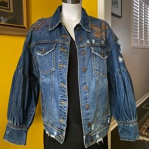 Zara Sequin Detail Distressed Jean Jacket